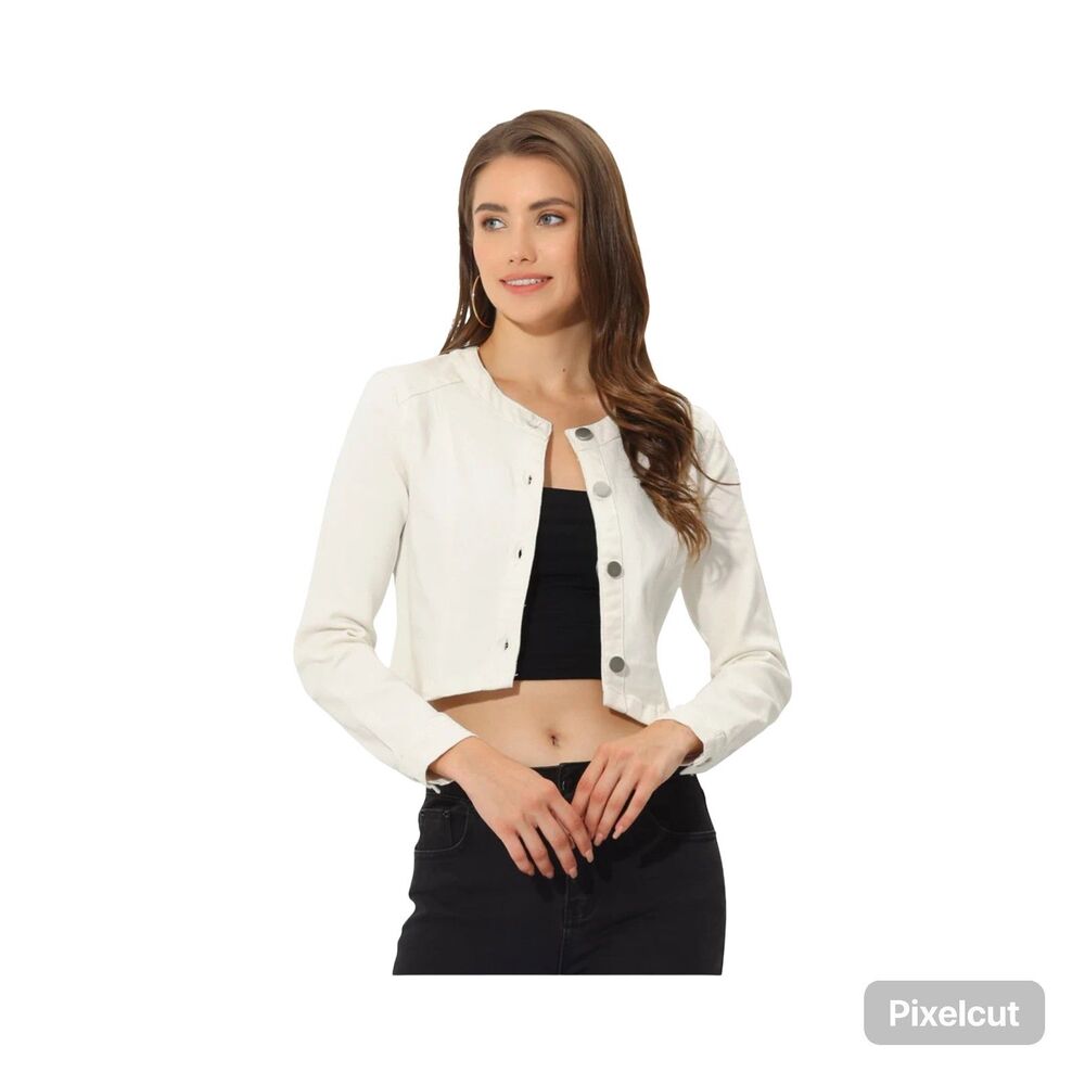 Allegra K Size Lg Denim Collarless long sleeve button down white cropped jacket - Picture 2 of 7